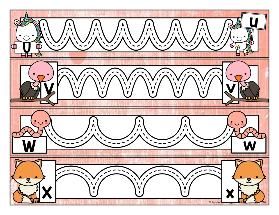 Letters U-X: students trace cup, hump, scallop and arch strokes between capital and lowercase; unicorn, vulture, worm, fox