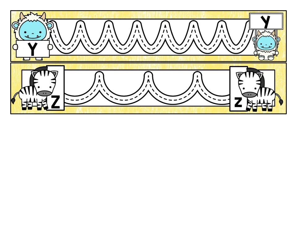 Letters Y and Z strips: students trace a cup-curve path from Y to y and a scalloped path from Z to z with yeti and zebra