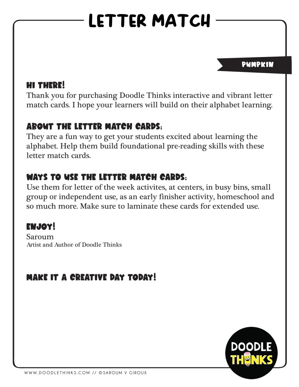 Pumpkin letter match intro from Doodle Thinks: a thank-you note, what the alphabet cards are and ways to use them
