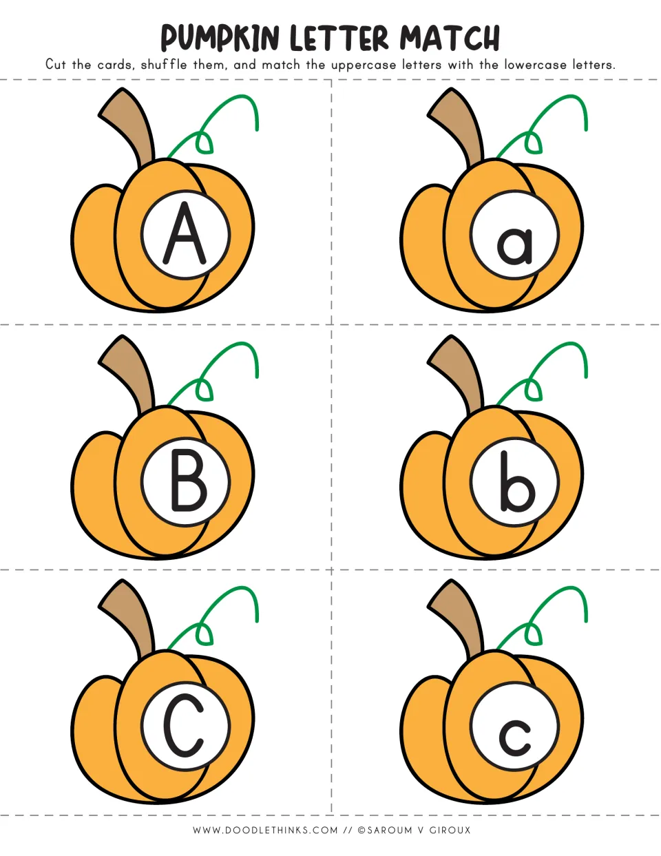 Pumpkin letter cards A to C: students cut, shuffle and match uppercase A, B, C to lowercase a, b, c pumpkins