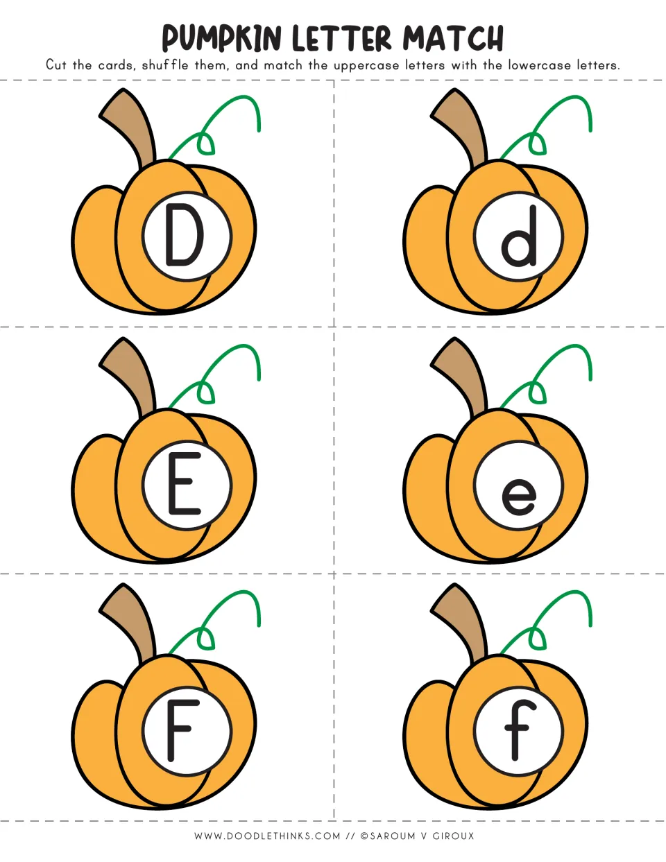 Pumpkin letter cards D to F: students pair each uppercase pumpkin D, E, F with its lowercase partner d, e, f
