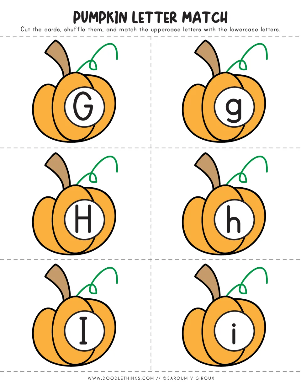 Pumpkin letter cards G to I: uppercase G, H, I and lowercase g, h, i pumpkins to cut apart and match by letter case