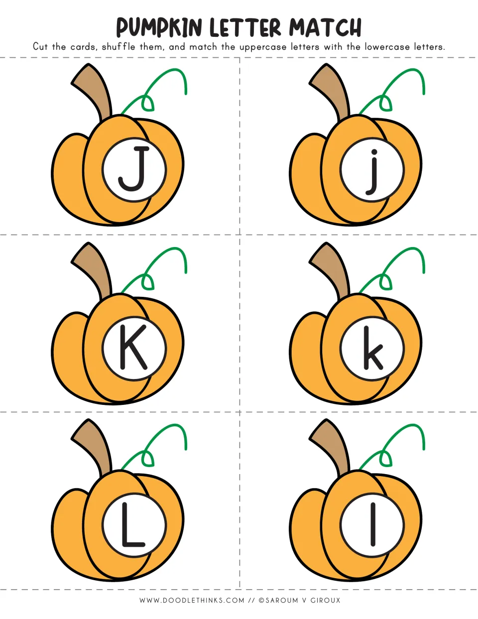 Pumpkin letter cards J to L: students match uppercase J, K, L pumpkins with lowercase j, k, l pumpkins after cutting