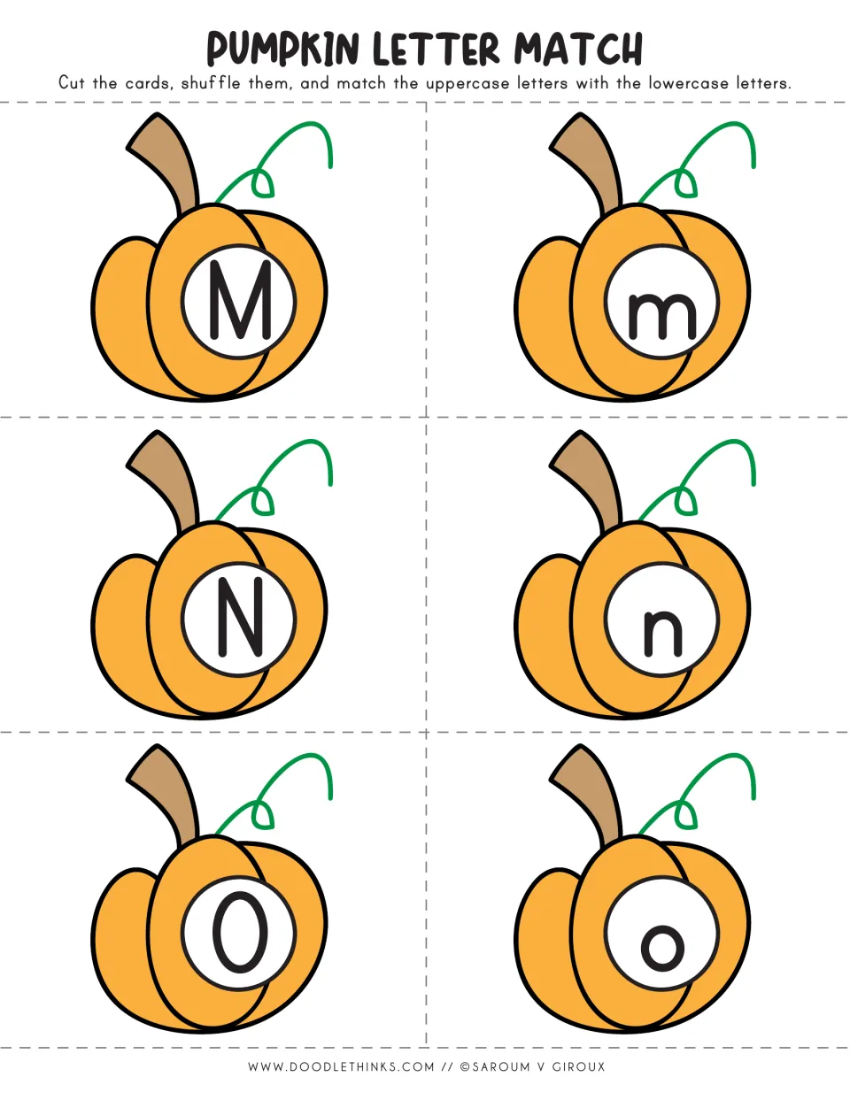 Pumpkin letter cards M to O: uppercase M, N, O pumpkins to pair with lowercase m, n, o in a case-matching game