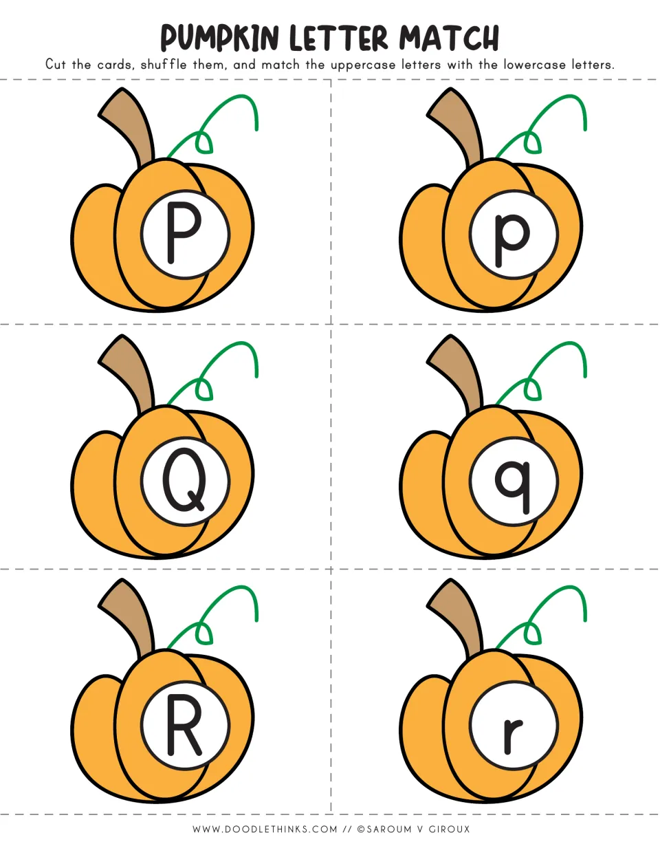 Pumpkin letter cards P to R: students cut out and match uppercase P, Q, R to lowercase p, q, r pumpkin cards