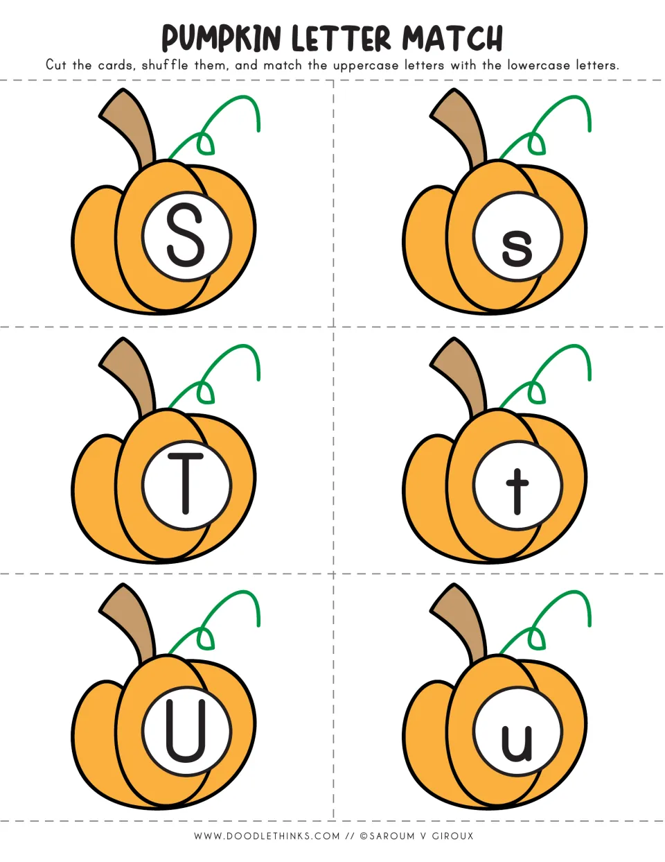 Pumpkin letter cards S to U: uppercase S, T, U and lowercase s, t, u pumpkins to shuffle and pair by matching letters