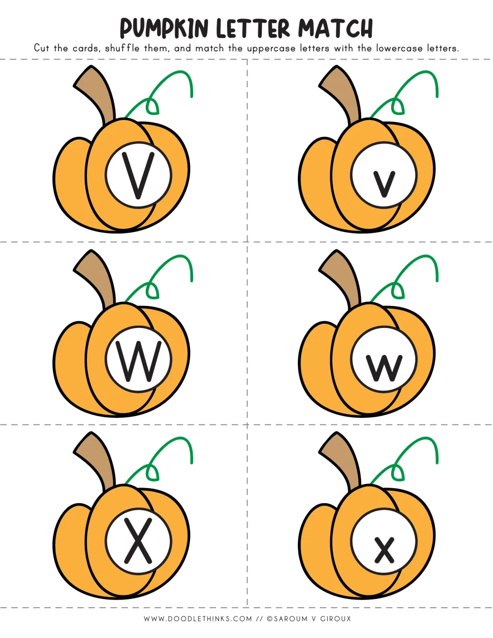 Pumpkin letter cards V to X: students match uppercase V, W, X pumpkins to lowercase v, w, x pumpkin cards
