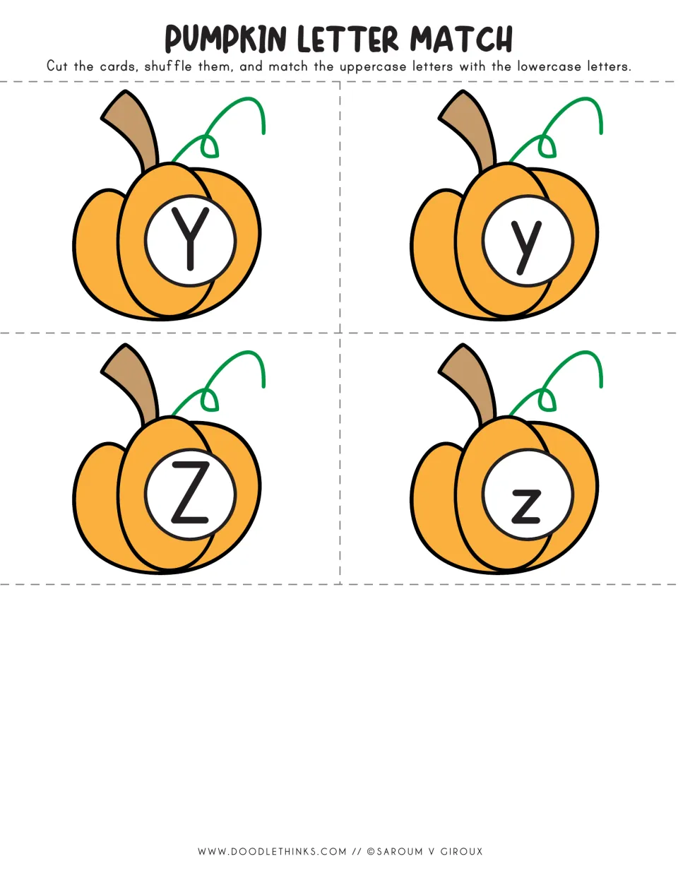 Pumpkin letter cards Y and Z: the last four cards, uppercase Y, Z and lowercase y, z, completing the alphabet set