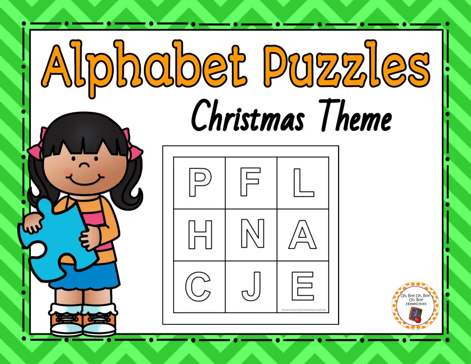 Christmas alphabet puzzles cover with a sample uppercase board of the letters P, F, L, H, N, A, C, J and E