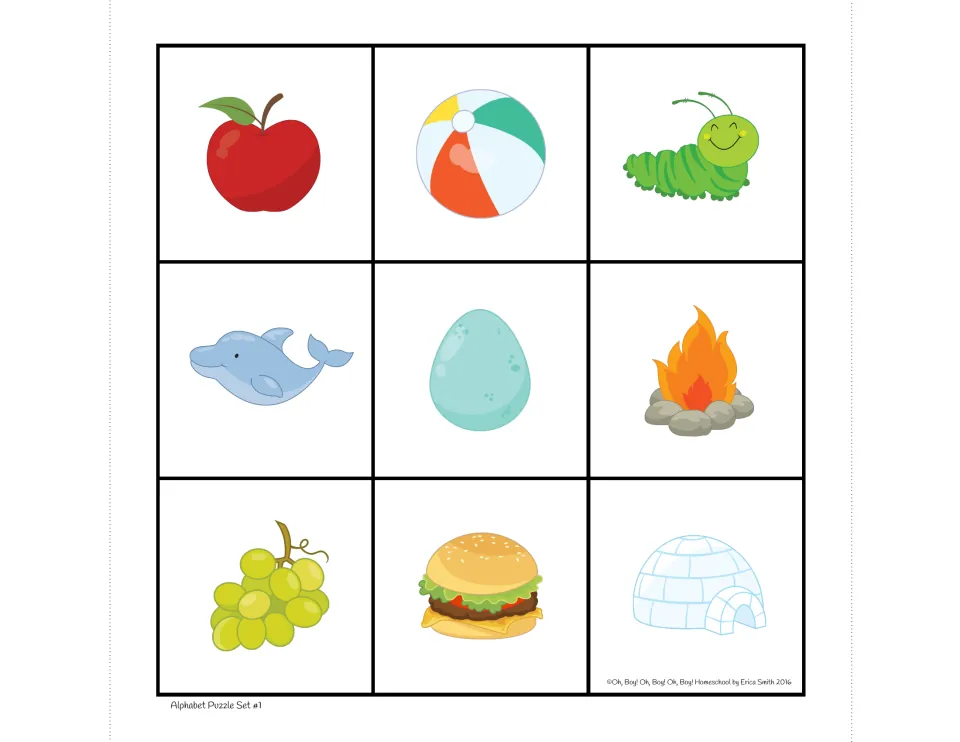Set 1 picture board, A–I: apple, ball, caterpillar, dolphin, egg, fire, grapes, hamburger, igloo