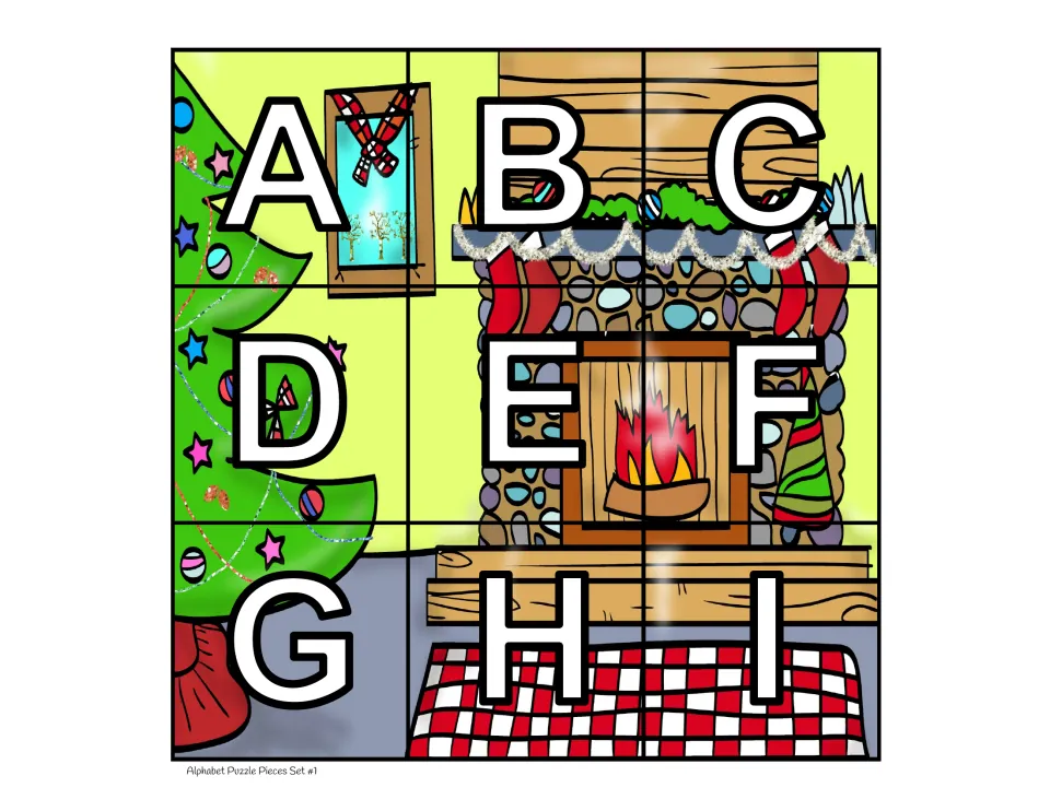 Set 1 puzzle pieces: uppercase A–I printed over a Christmas living room with a tree, fireplace and stockings