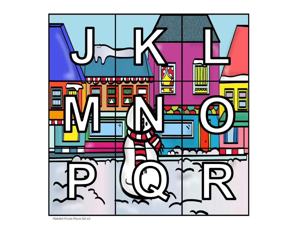 Set 2 puzzle pieces: uppercase J–R printed over a snowy town street with colorful shops and a snowman