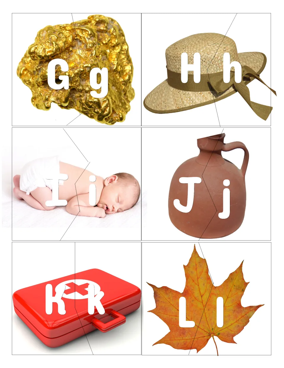 Letters G-L: students pair Gg to Ll puzzle halves on photos of gold, hat, infant, jug, kit and leaf to match letter case