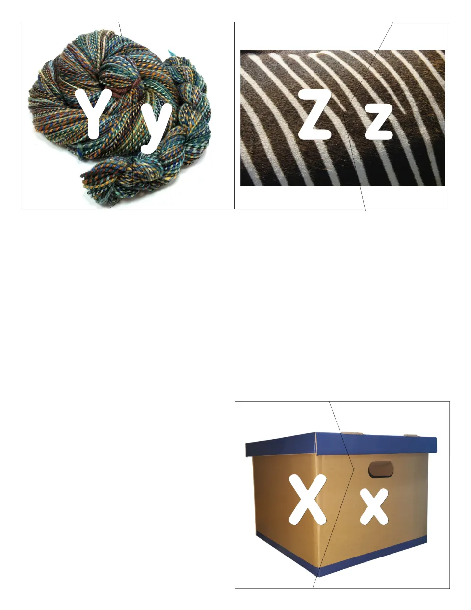 Letters Y and Z: puzzle pieces for Yy on a yarn skein and Zz on zebra stripes, plus an extra Xx piece on a cardboard box