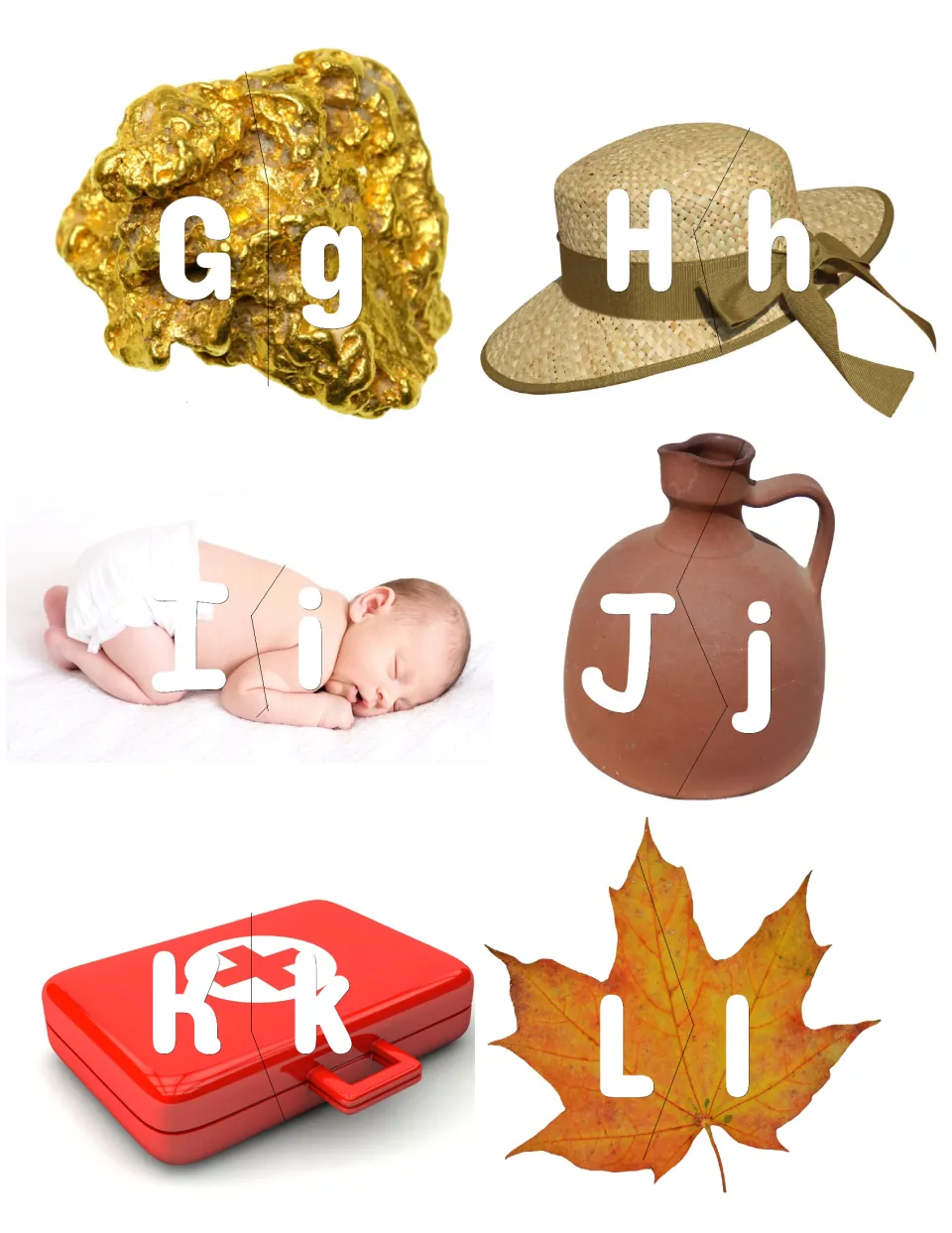 Letters G-L, photo-shaped pieces: students match Gg to Ll halves on gold, straw hat, baby, jug, first-aid kit and leaf