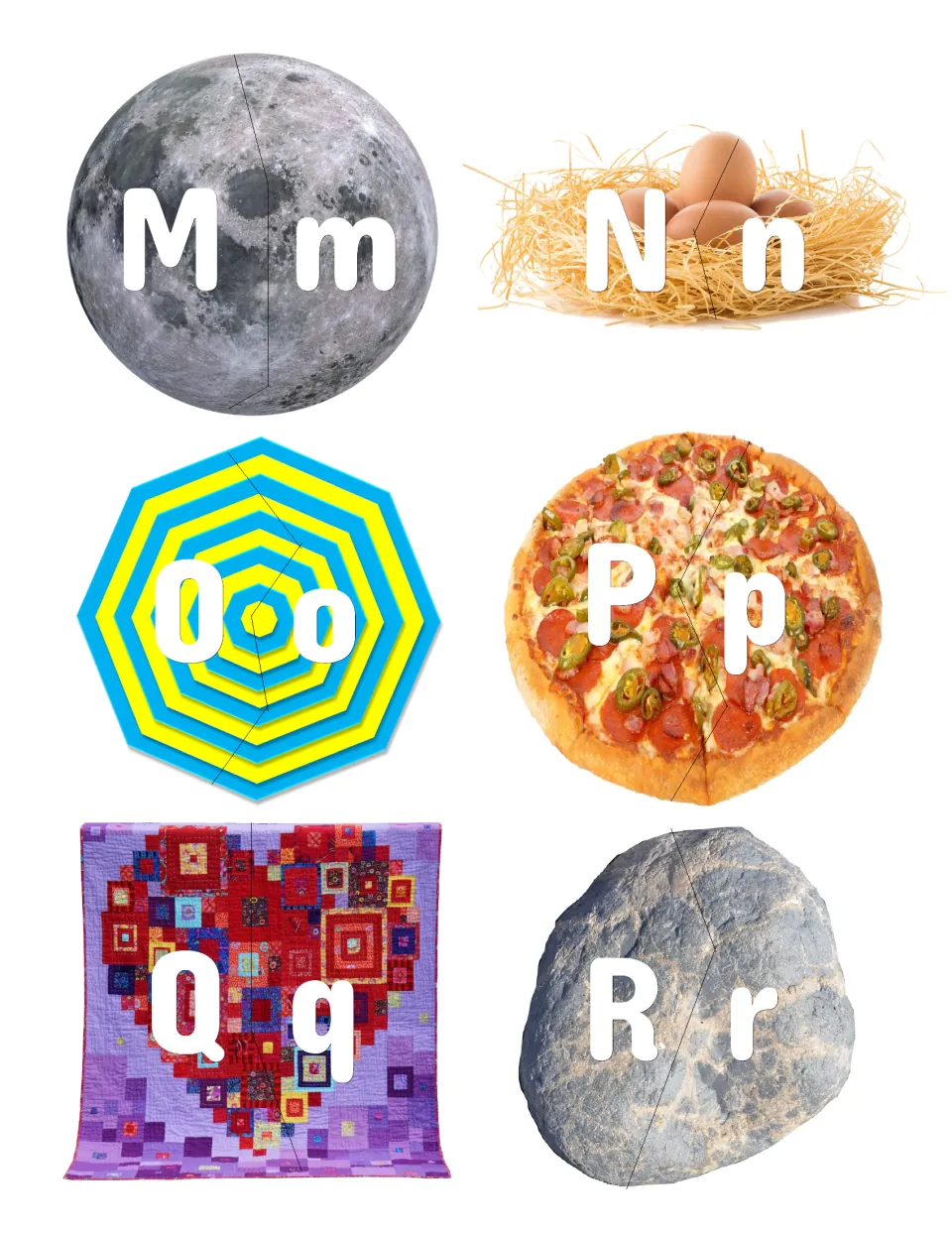 Letters M-R, photo-shaped pieces: students match Mm to Rr halves on moon, egg nest, octagon, pizza, heart quilt and rock