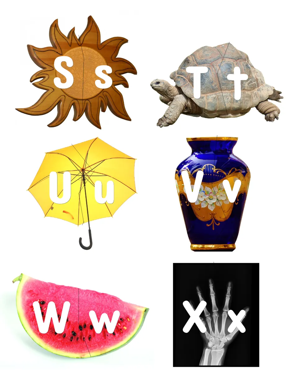 Letters S-X, photo-shaped pieces: students match Ss to Xx halves on sun, tortoise, umbrella, vase, watermelon and x-ray