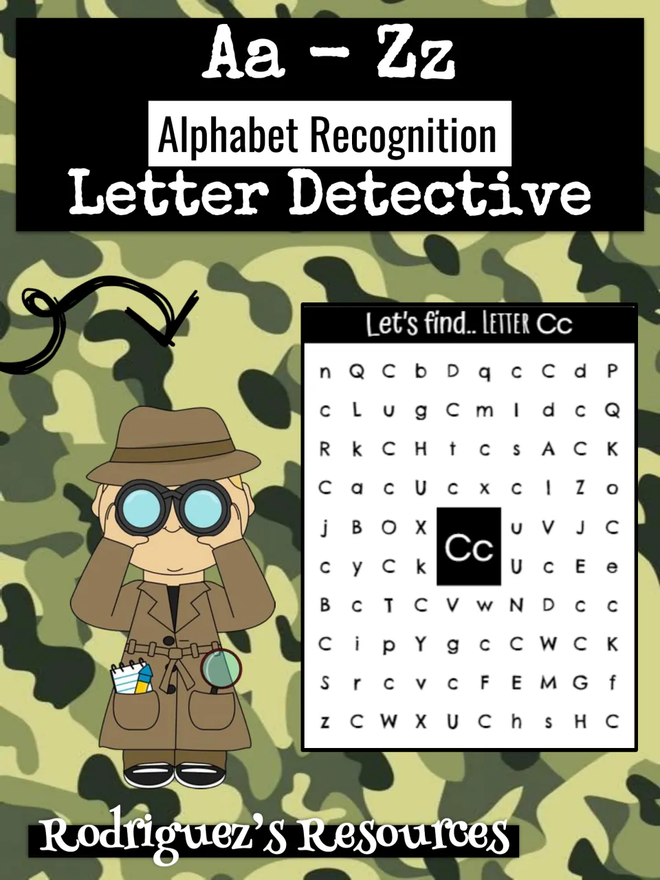 Cover of Alphabet Recognition, labeled “Letter Detective” and “Aa–Zz,” with a sample letter C search.