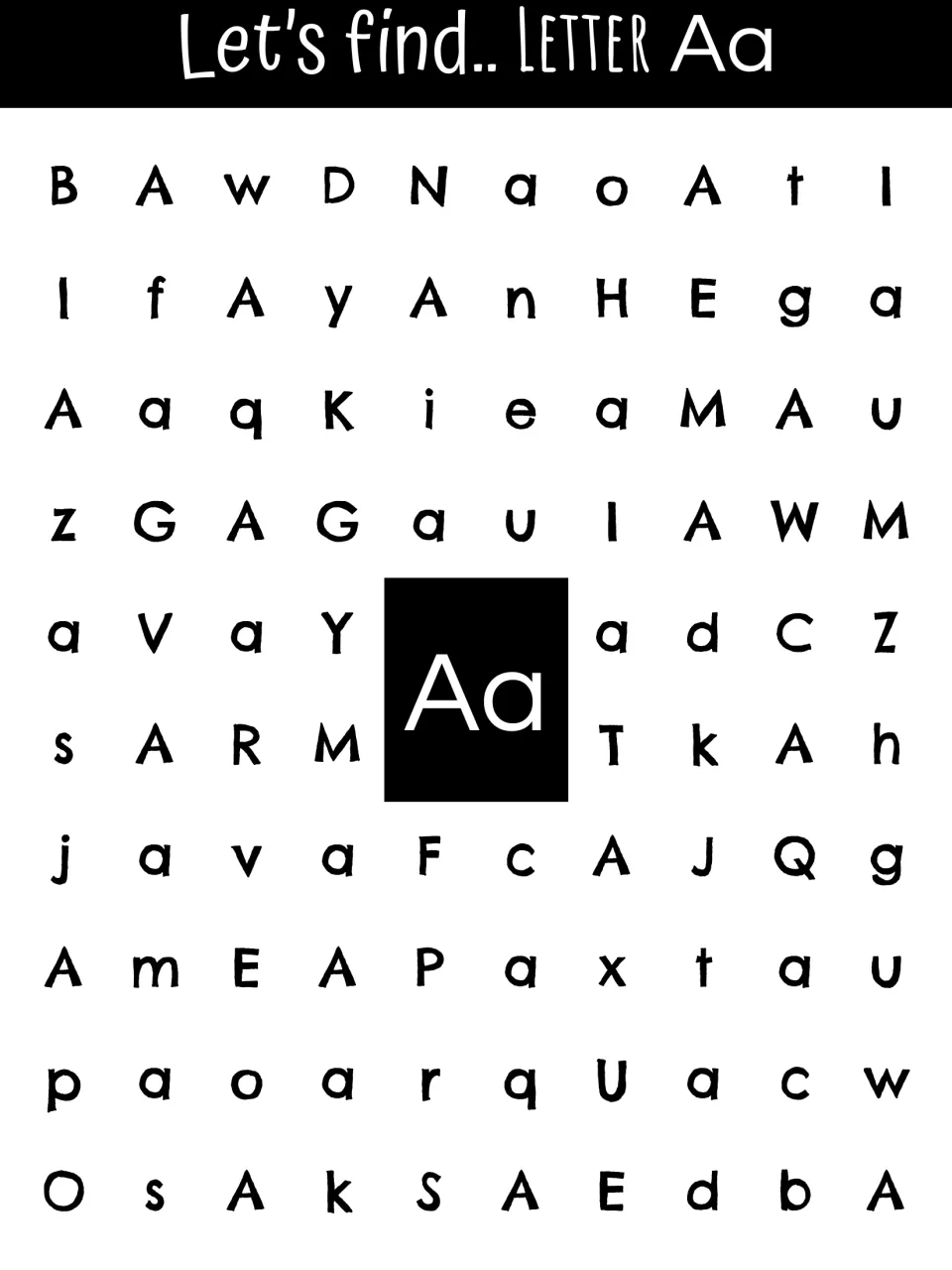 Letter A recognition sheet asking students to find uppercase A and lowercase a among other alphabet letters.