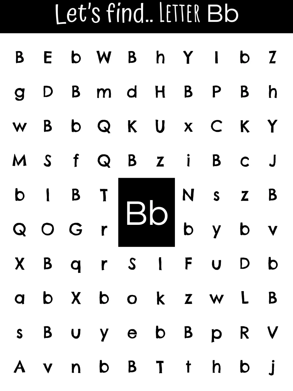 Letter B recognition sheet asking students to find uppercase B and lowercase b among other alphabet letters.