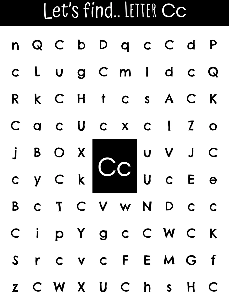 Letter C recognition sheet asking students to find uppercase C and lowercase c among other alphabet letters.