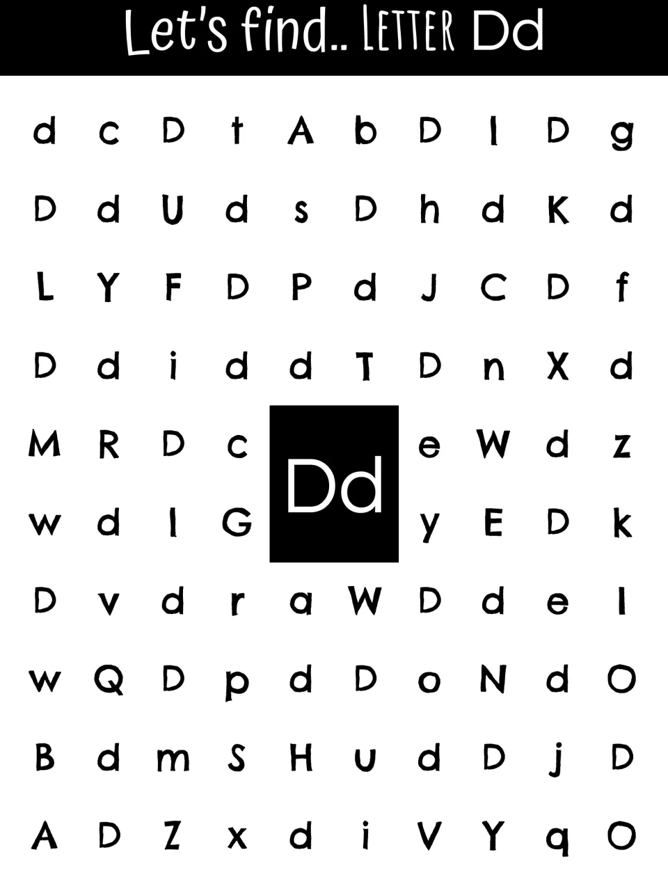 Letter D recognition sheet asking students to find uppercase D and lowercase d among other alphabet letters.