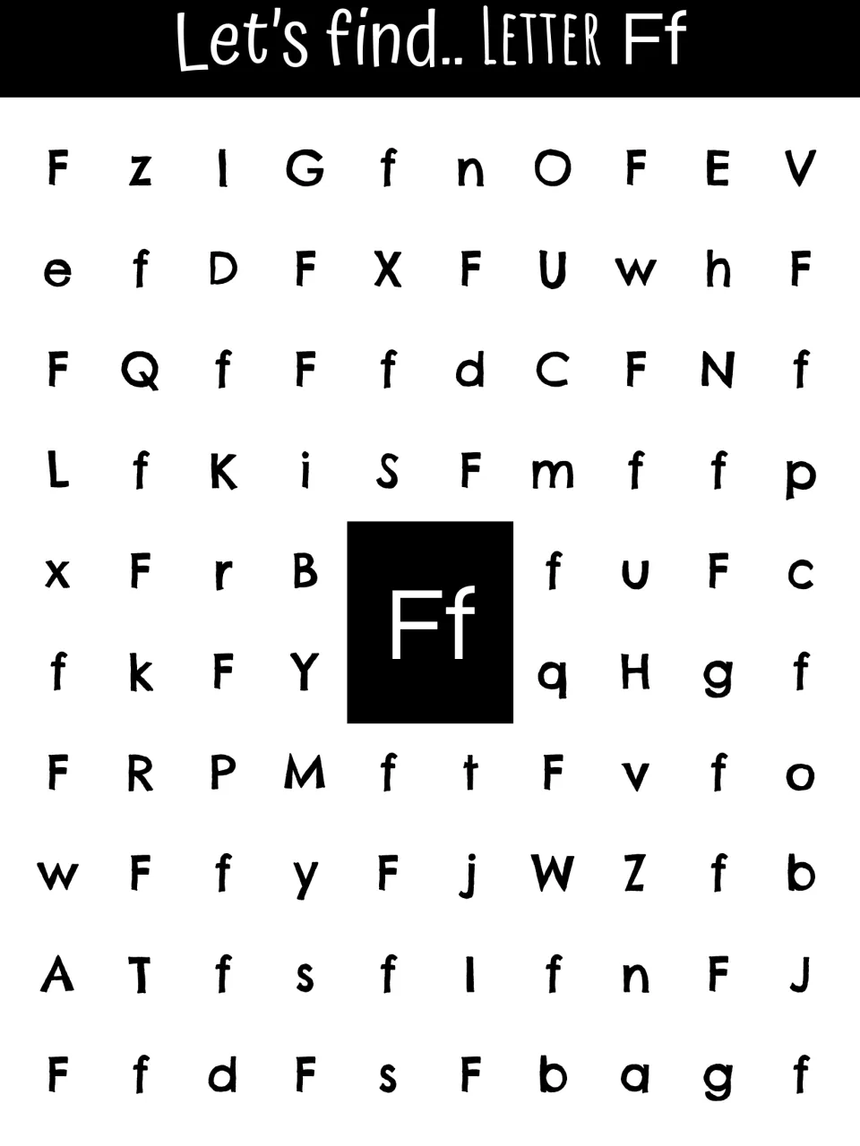 Letter F recognition sheet asking students to find uppercase F and lowercase f among other alphabet letters.
