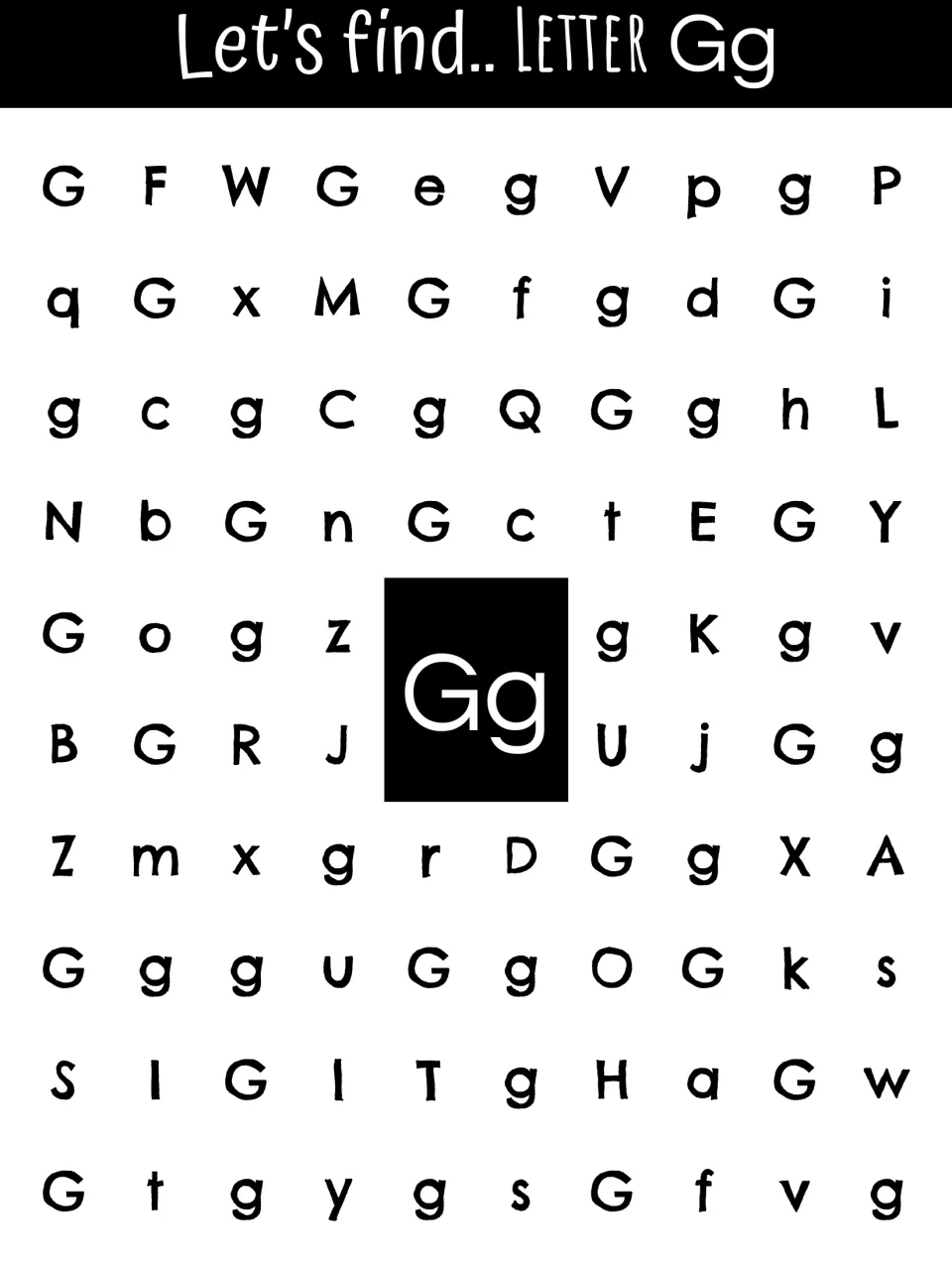 Letter G recognition sheet asking students to find uppercase G and lowercase g among other alphabet letters.
