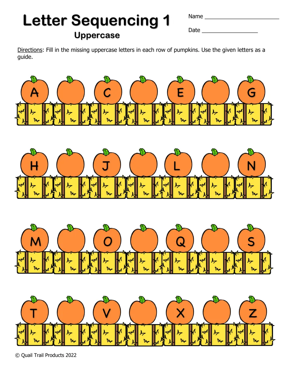 Uppercase letter sequencing 1: students fill in every other missing letter on pumpkin rows A to G, H to N, M to S, T to Z