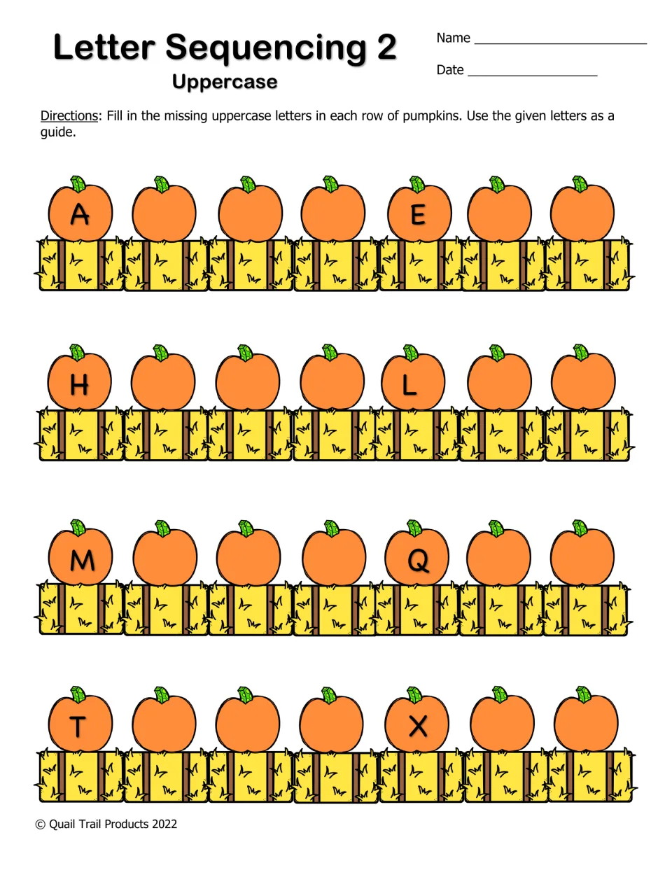 Uppercase letter sequencing 2: only A, E, H, L, M, Q, T and X are given; students fill in the rest of each pumpkin row