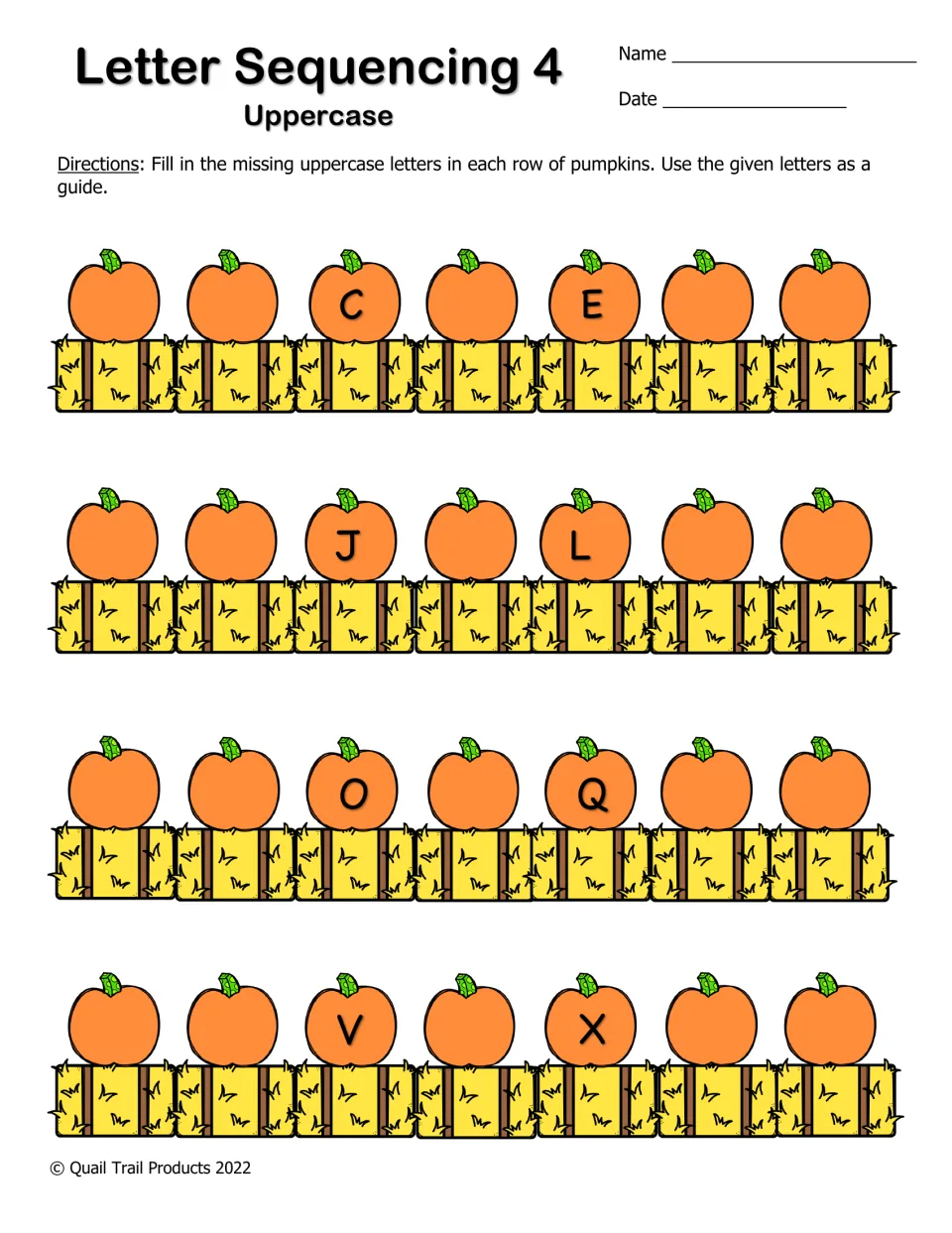 Uppercase letter sequencing 4: rows give C and E, J and L, O and Q, V and X; students fill the pumpkins around them