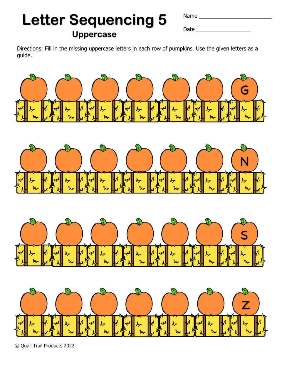 Uppercase letter sequencing 5: the last pumpkin in each row shows G, N, S or Z; students write the six letters before it