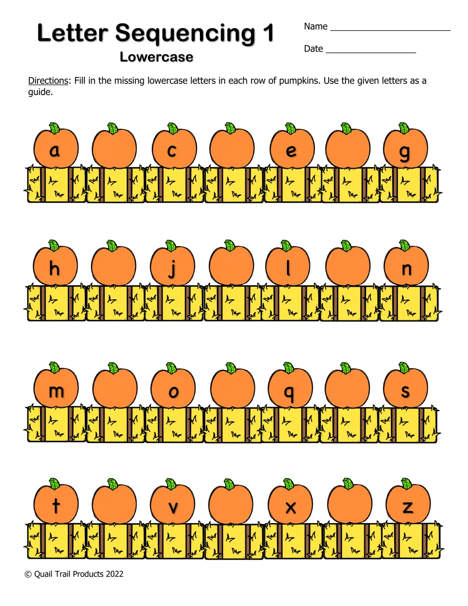 Lowercase letter sequencing 1: students fill in every other missing letter on pumpkin rows a to g, h to n, m to s, t to z