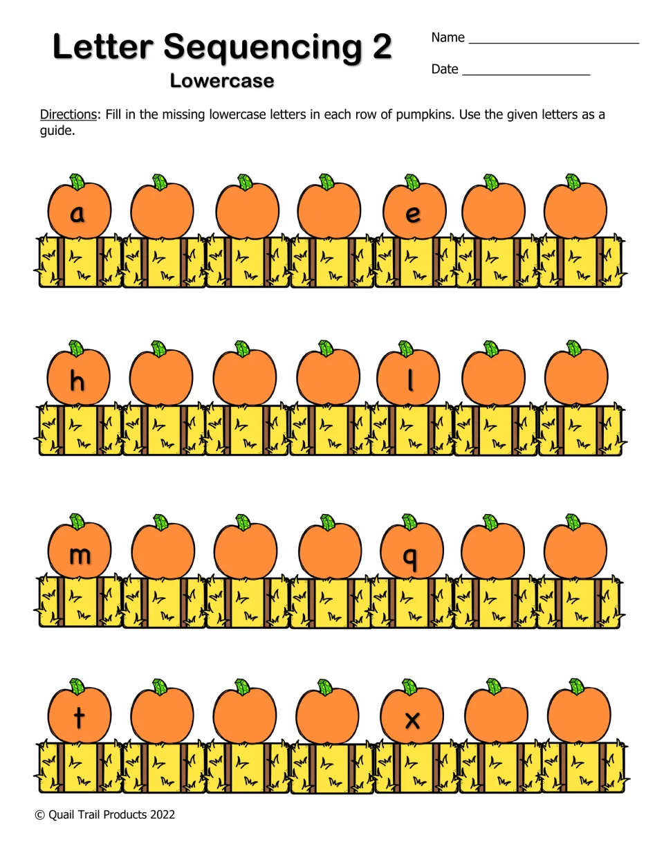 Lowercase letter sequencing 2: only a, e, h, l, m, q, t and x are given; students fill in the rest of each pumpkin row