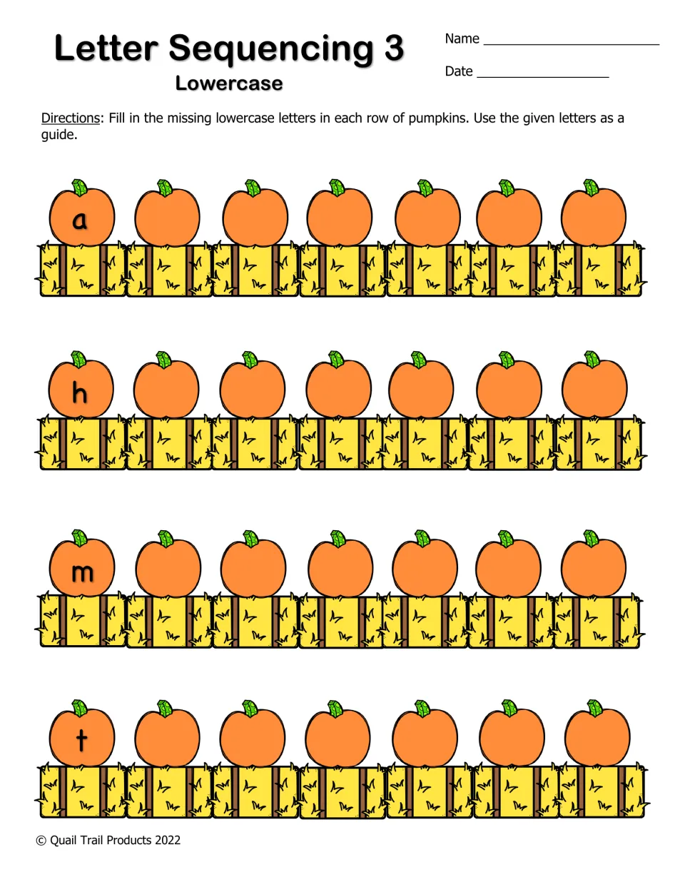 Lowercase letter sequencing 3: each pumpkin row starts with a, h, m or t and students write the next six letters in order