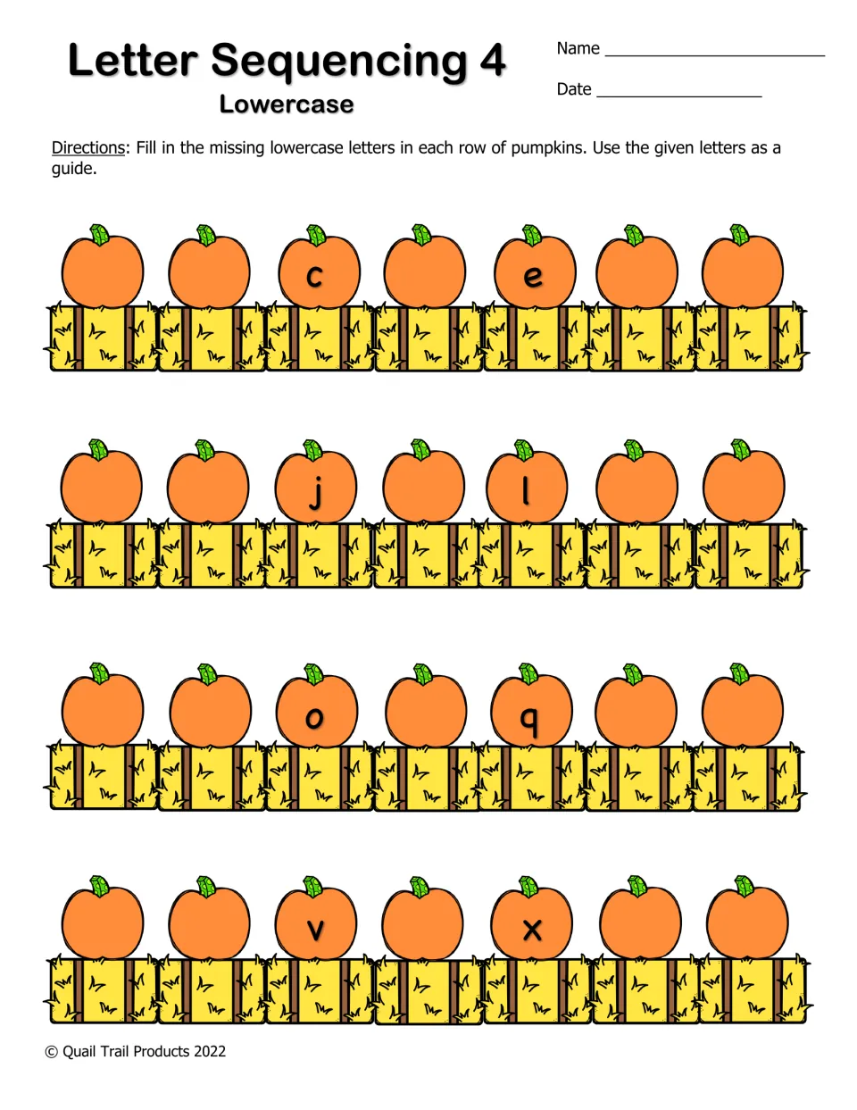Lowercase letter sequencing 4: rows give c and e, j and l, o and q, v and x; students fill the pumpkins around them