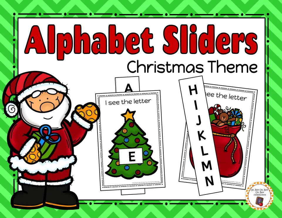 Alphabet Sliders Christmas Theme cover: tree and toy sack 'I see the letter' cards with letter strips slid through
