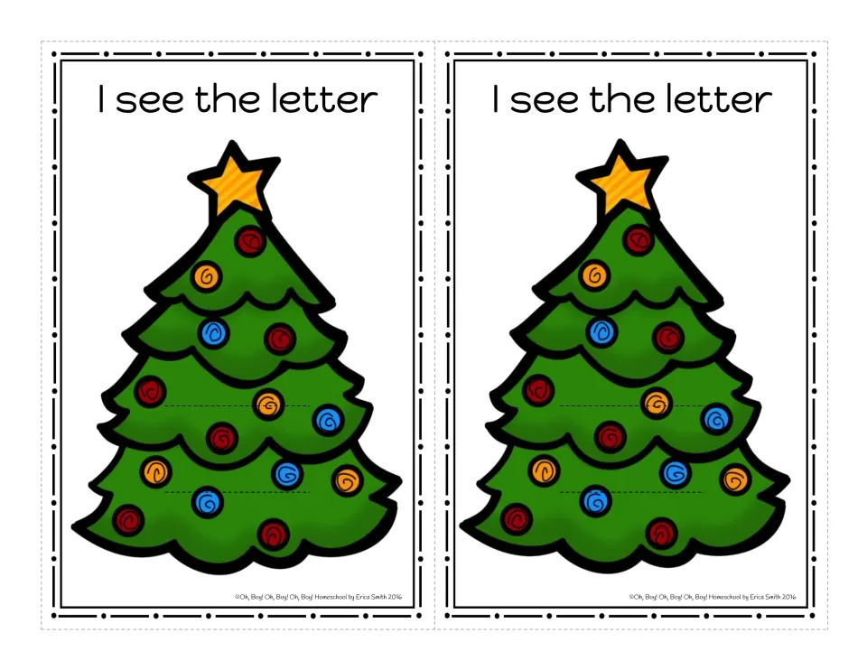 Christmas tree letter cards in color: two 'I see the letter' cards with slits where a letter strip slides through