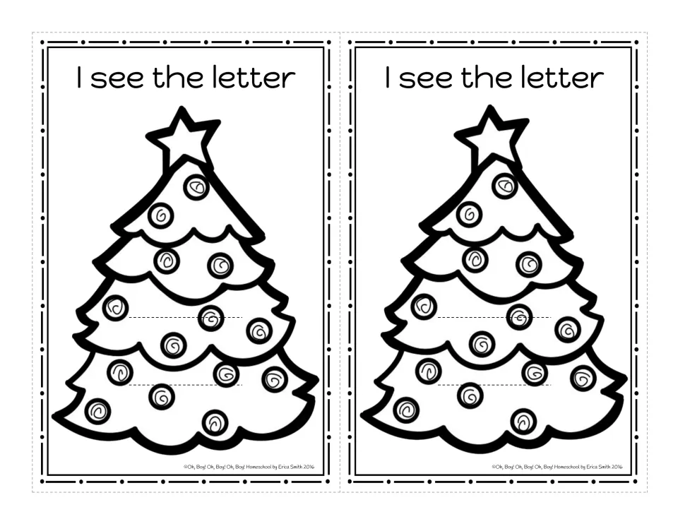 Black-and-white Christmas tree 'I see the letter' cards: two cards with slits for a sliding strip to name each letter