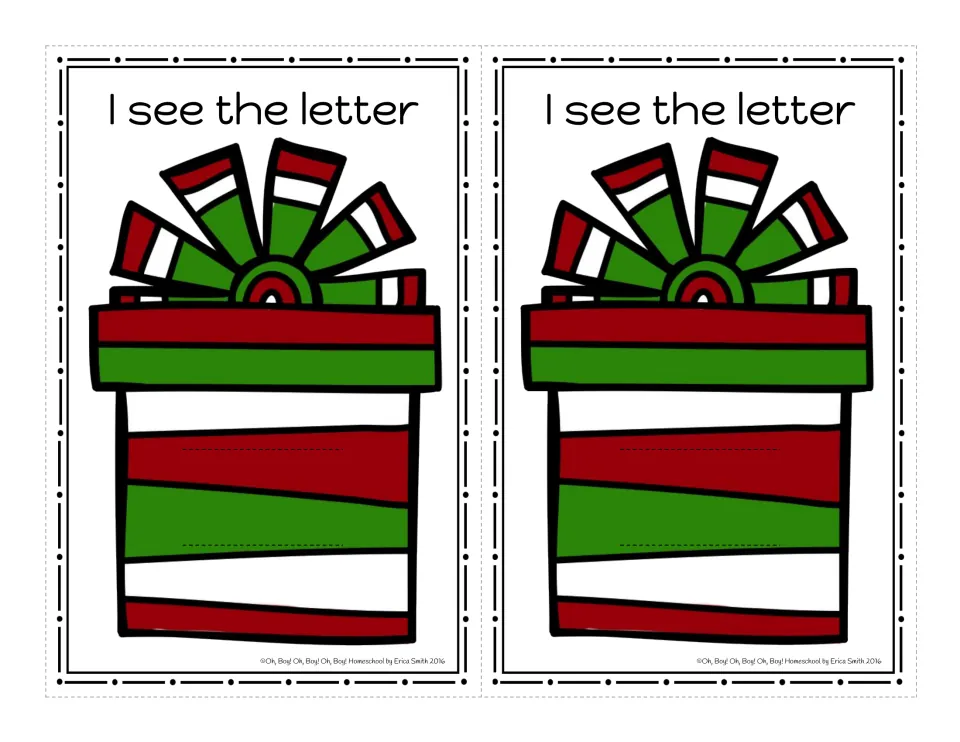 Color gift box 'I see the letter' cards: two striped present cards with slits to thread a letter strip for letter naming