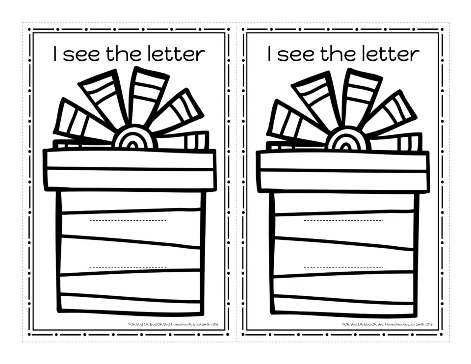 Black-and-white gift box cards reading 'I see the letter', two per sheet, slit for a sliding strip to identify letters