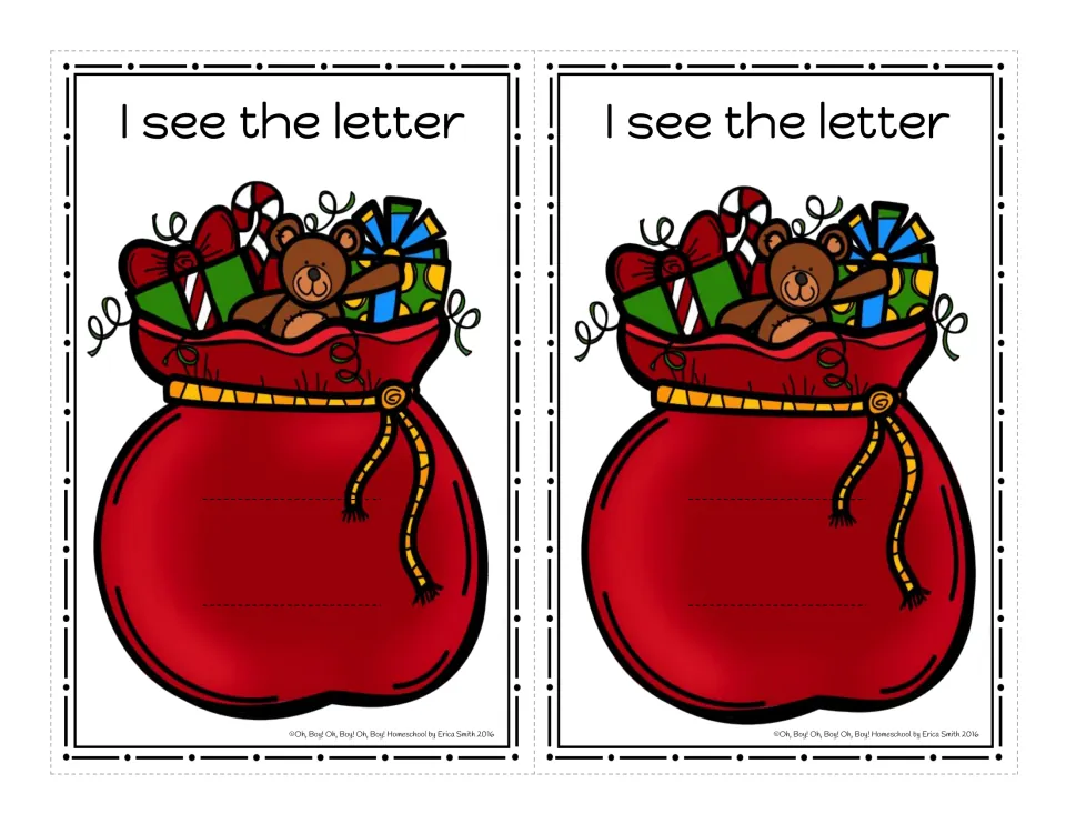 Color toy sack cards: two 'I see the letter' cards showing a red bag of toys, slit for a sliding letter strip