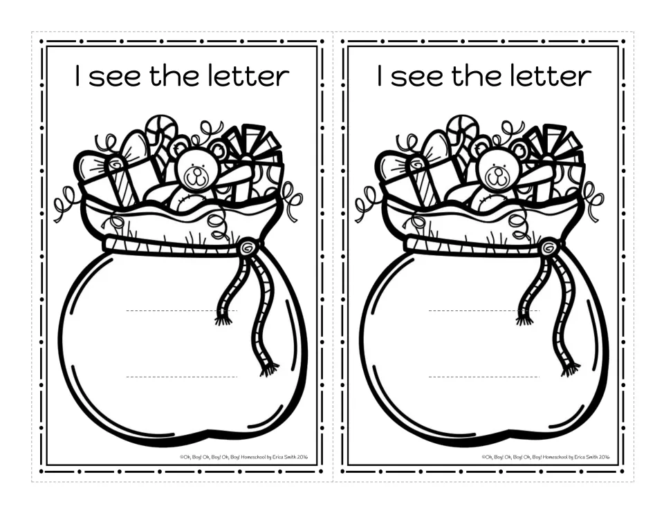 Black-and-white toy sack 'I see the letter' cards, two per sheet, slit so a strip slides up to show one letter
