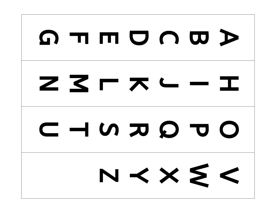 Uppercase letter strips A to Z in print, cut into four strips (A-G, H-N, O-U, V-Z) to slide through the card slits