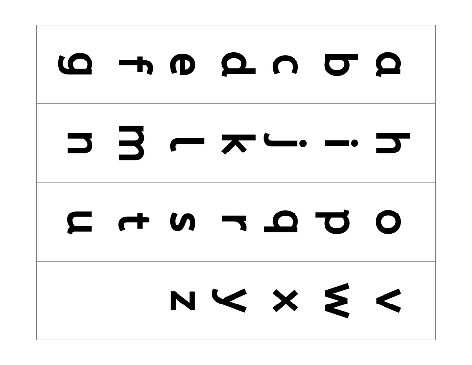 Lowercase letter strips a to z, split into four strips (a-g, h-n, o-u, v-z) to slide through the cards