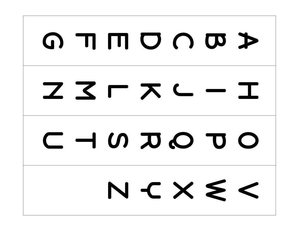 Uppercase letter strips A to Z in a rounded font, four strips (A-G, H-N, O-U, V-Z) to slide through the card slits
