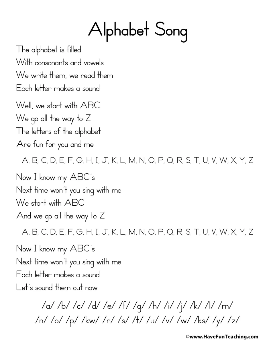 Song lyric sheet covering consonants and vowels, the alphabet from A to Z, and letter sounds to sing aloud.