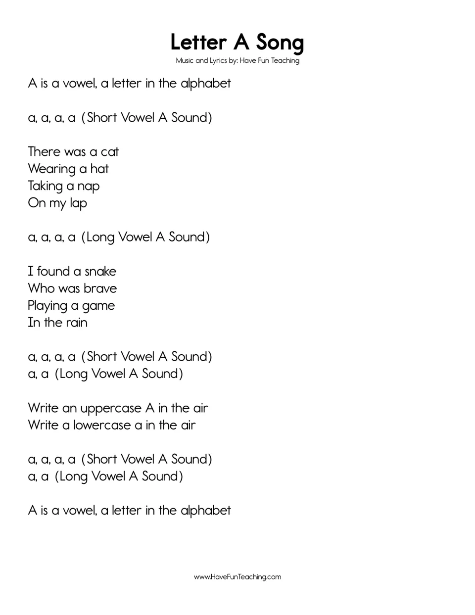 Letter A Song: short a lines about a cat in a hat, long a lines about a brave snake, plus air-writing A and a