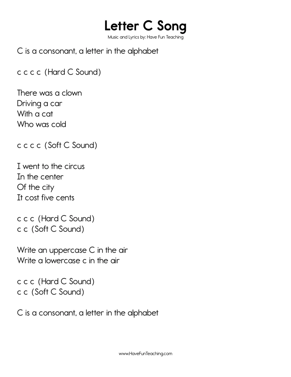 Letter C Song contrasting hard c (clown, car, cat, cold) with soft c (circus, center, city, cents) and air-writing C