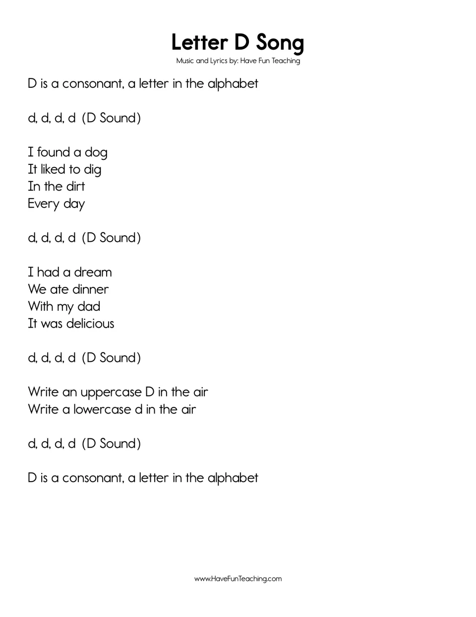 Letter D Song: chant the d sound through verses about a dog digging in dirt and dinner with dad, then write D in the air